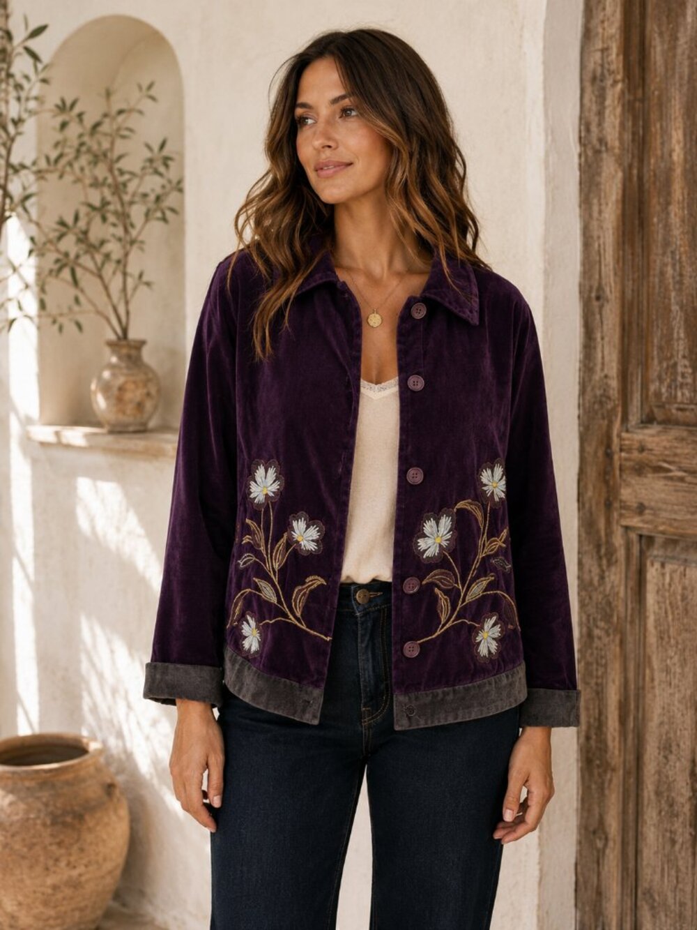 Jessica Holbrook Velvet Jacket Womens Purple Floral Embroidered Boho Art to Wear